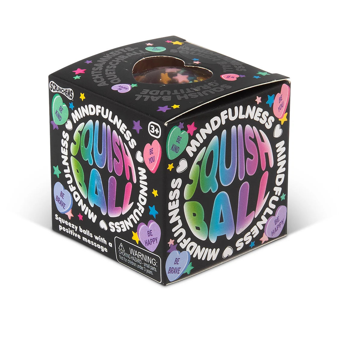 A black cardboard mystery box for 'Mindfulness Squish Balls' by Concreations, featuring colorful pastel rainbow text and heart-shaped stickers on a white background.