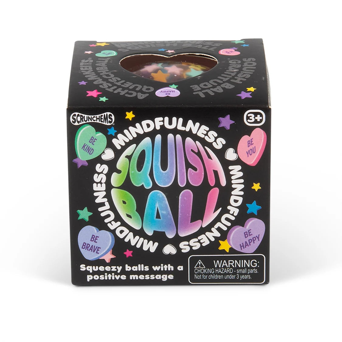 Box of Scrunchems Mindfulness Squish Ball with colourful text and graphics on a white background