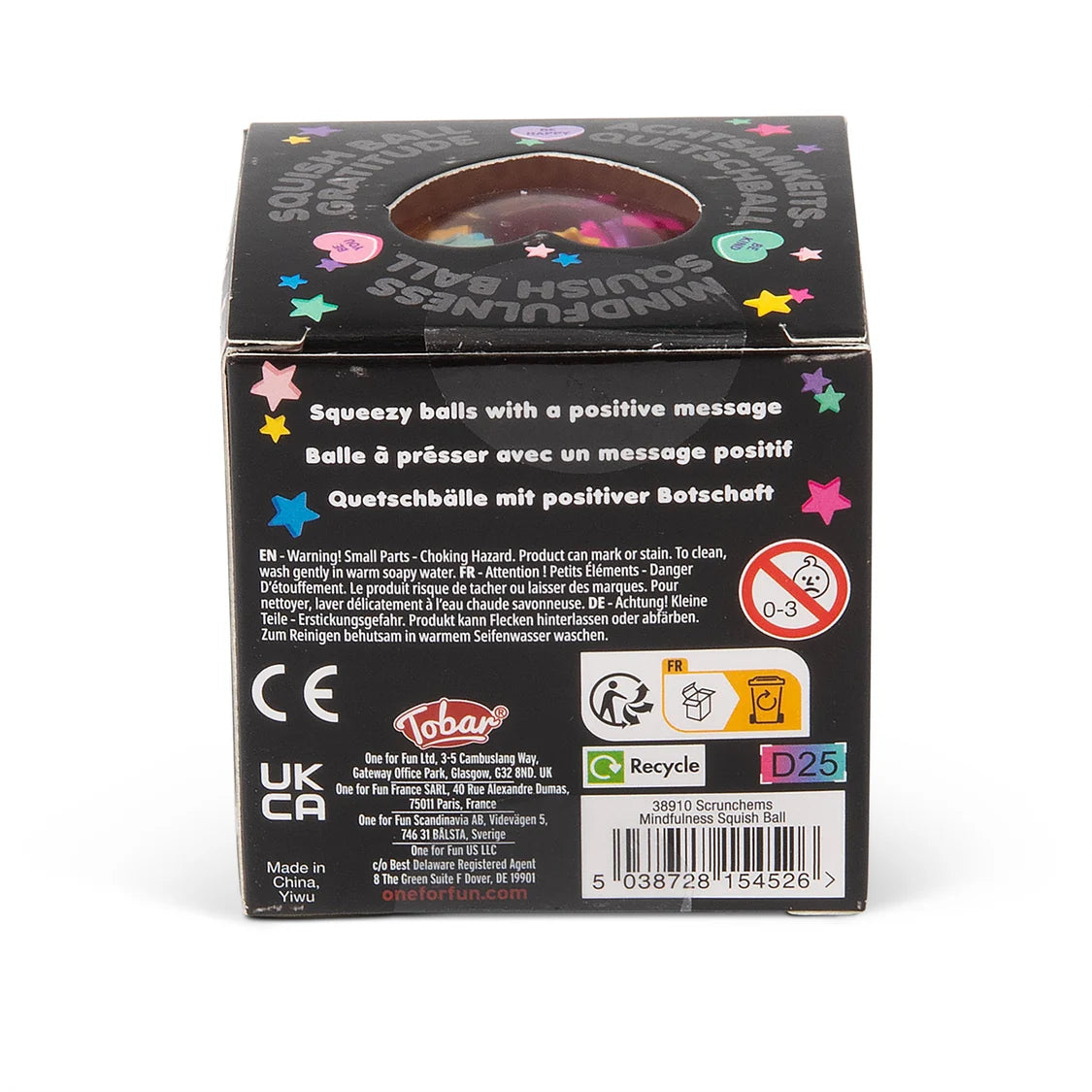 The back of a black product box for 'Scrunchems Mindfullness Ball' with colourful star graphics, product details, and recycling logos, photographed against a white background.