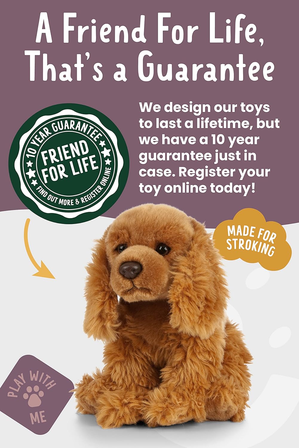 Brown plush toy with promotional text and graphics on a white background