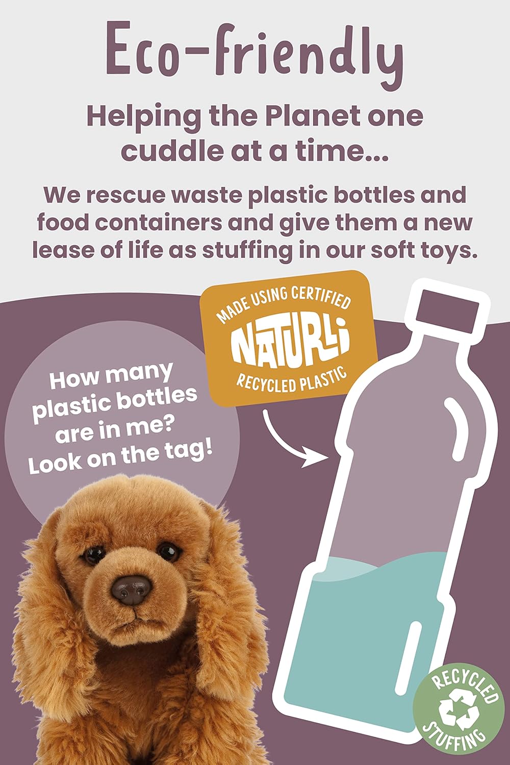 Plush dog toy made from recycled plastic bottles with text about eco-friendliness on a purple background.