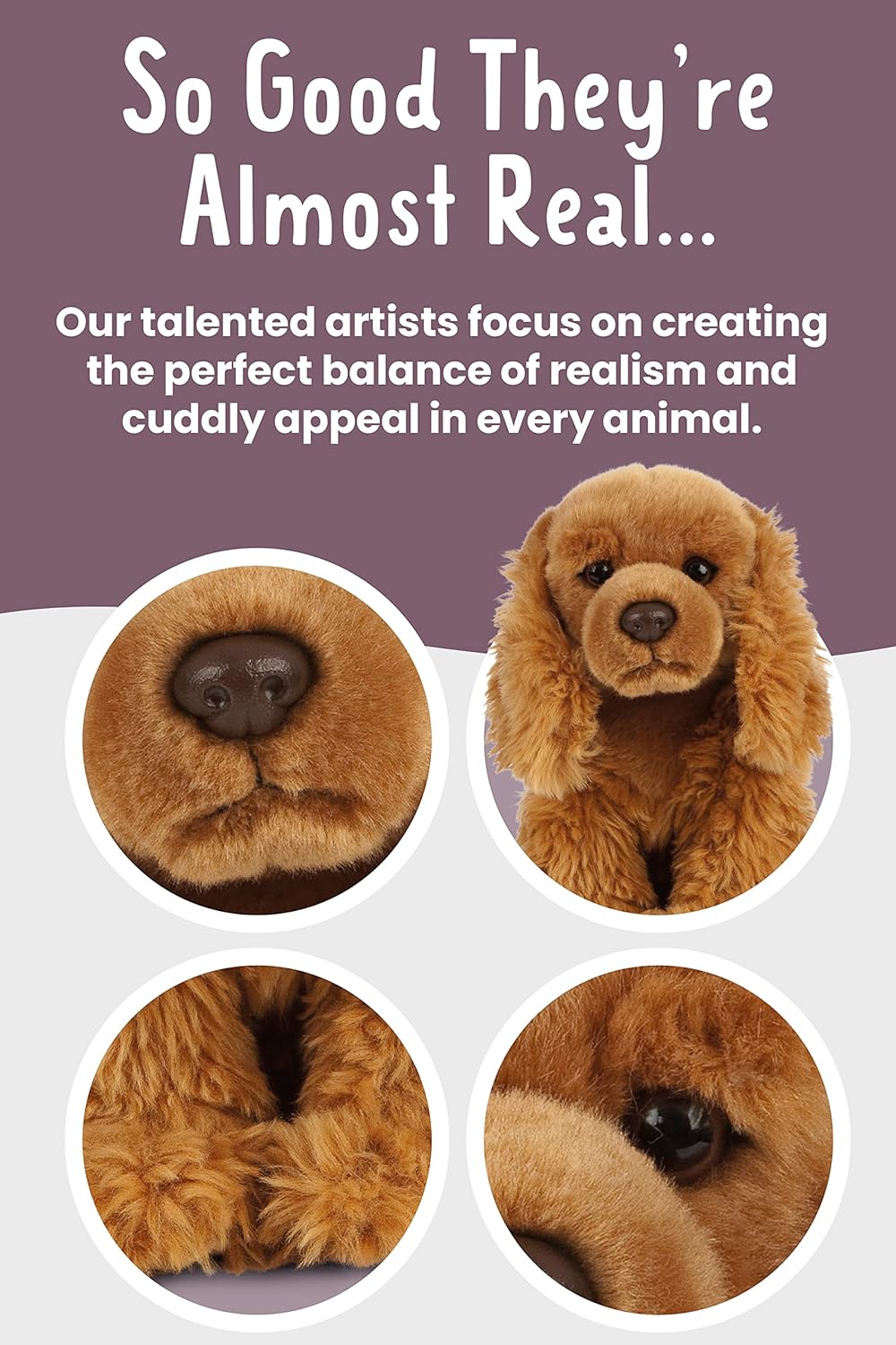 Brown stuffed animal with close-up details on a purple background, text about artist focus on realism and cuddly appeal.