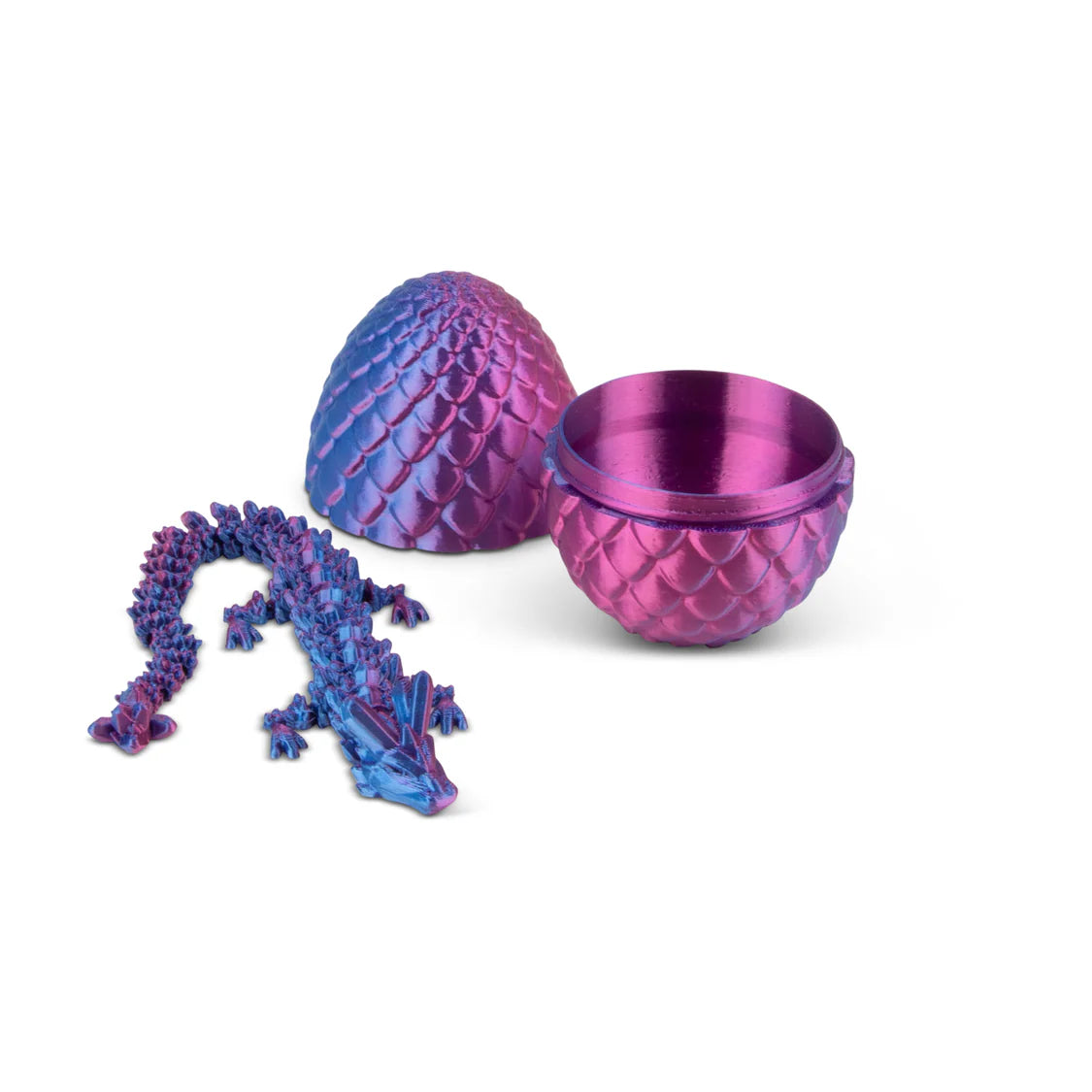 Purple dragon-shaped container with a smaller blue dragon figure on a white background