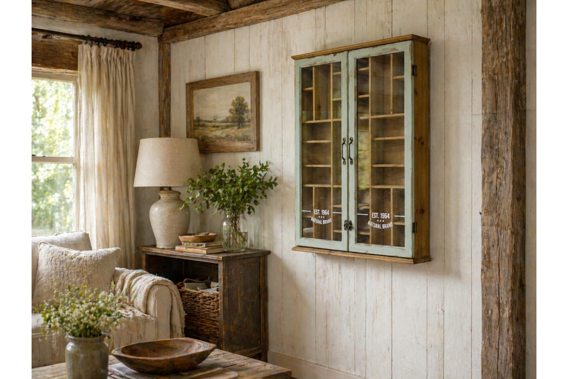 Cozy living room with wooden cabinet, lamp, and decor