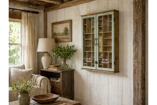 Cozy living room with wooden cabinet, lamp, and decor