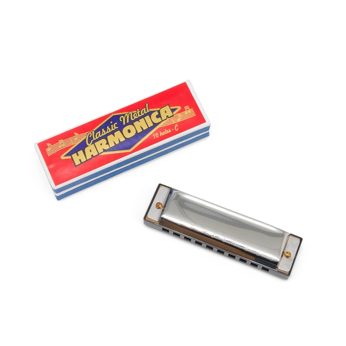 Metal harmonica with red and blue packaging on a white background