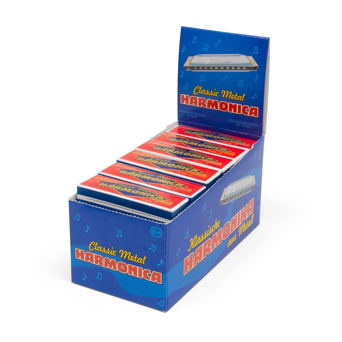 Display box of Classic Metal Harmonica on a white background
