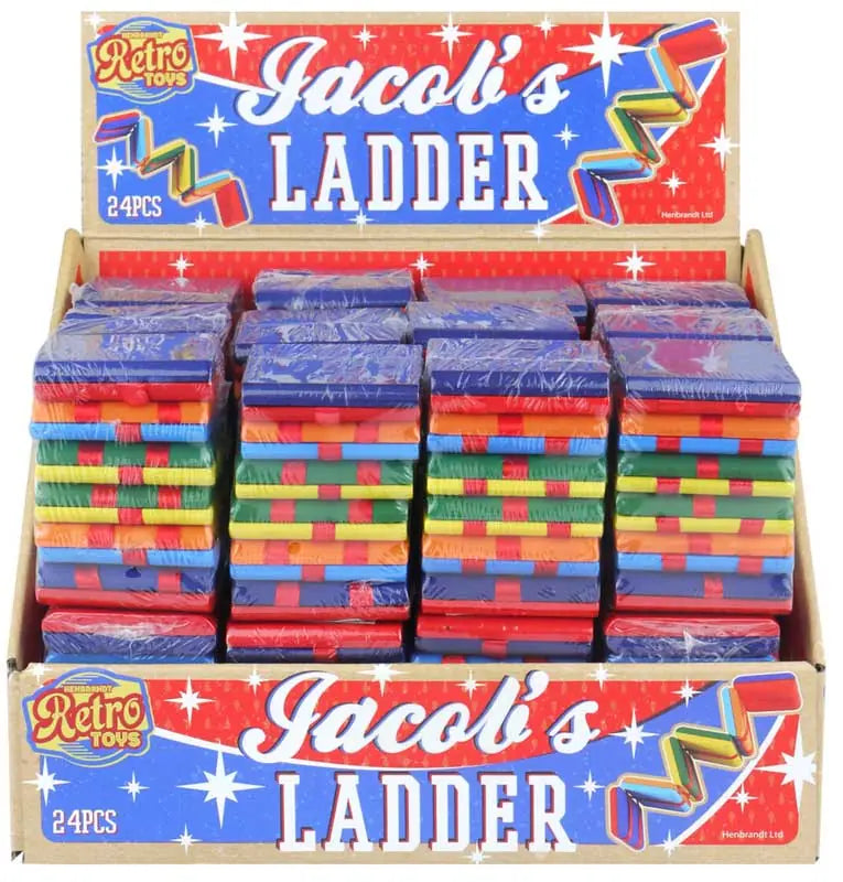 Display of Jacoli's Ladder toys in a cardboard box with colorful packaging.