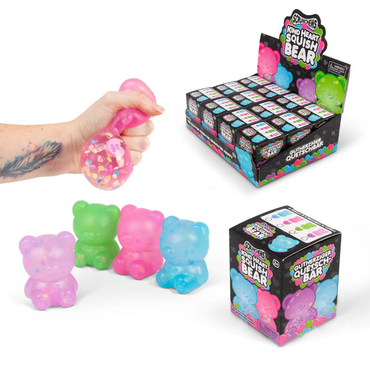 Colorful squishy bear toys with packaging and a hand holding one toy.