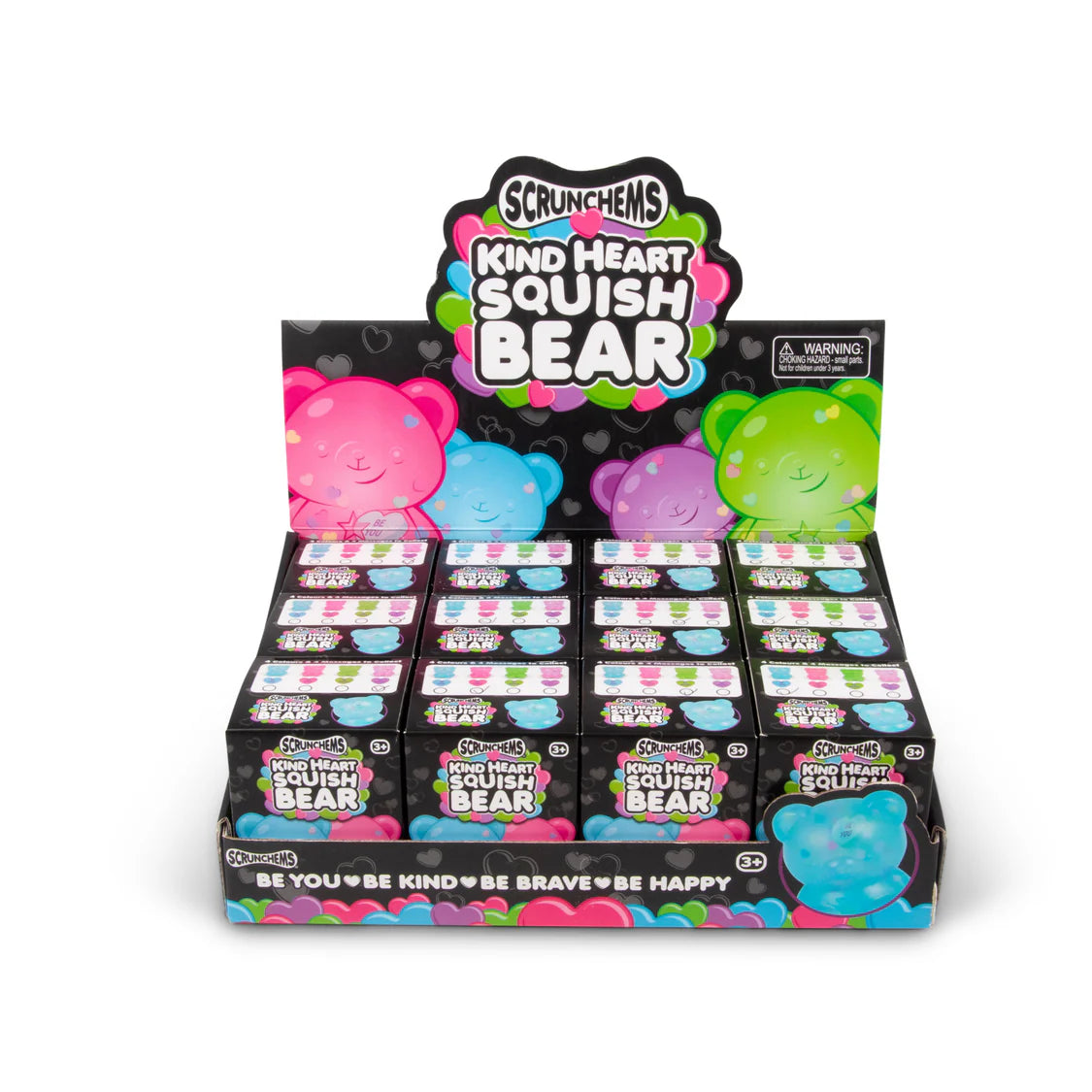 Display of Scrunchems Kind Heart Squish Bear toys with colorful packaging on a white background.