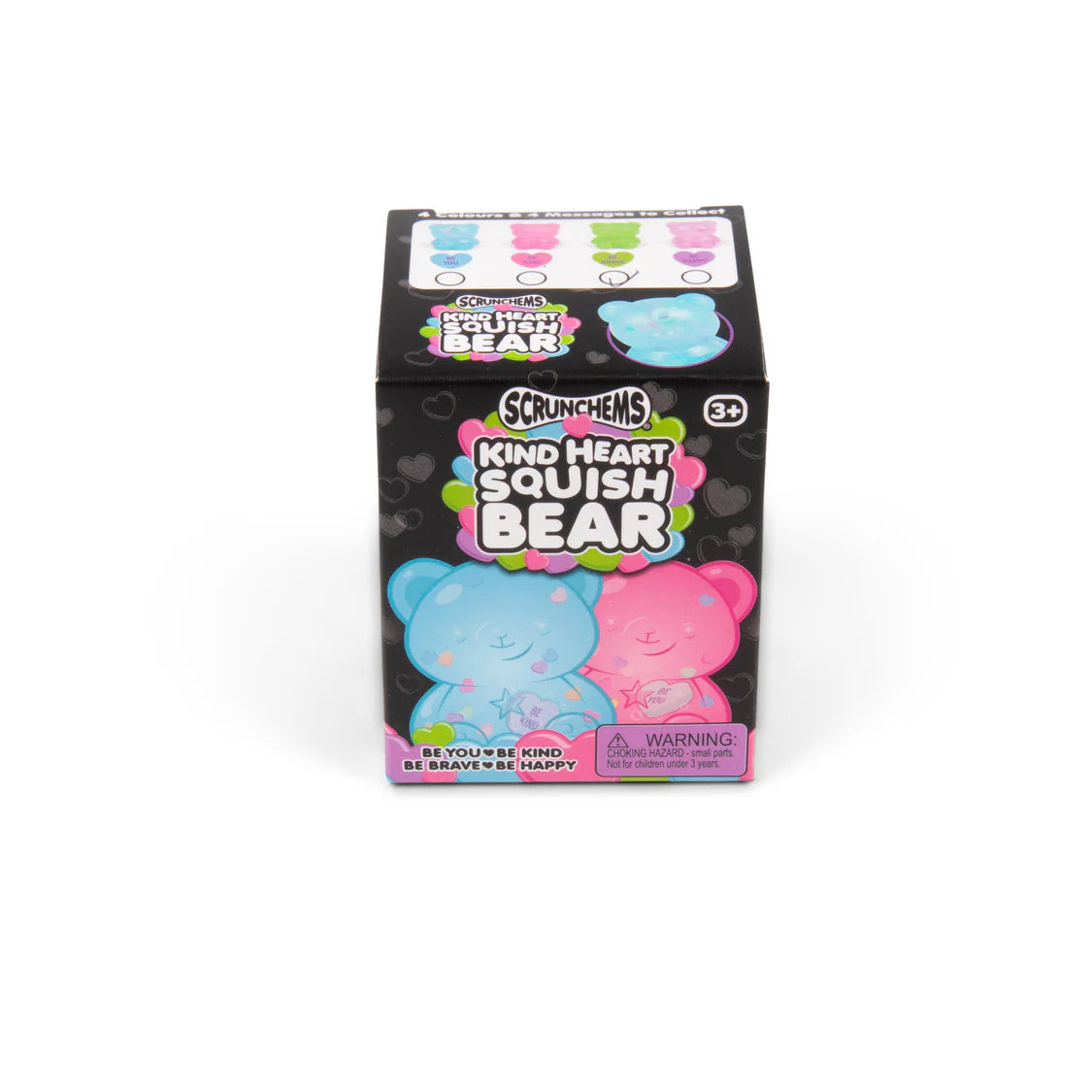 Packaged Scrunchems Kind Heart Squish Bear Squishy toy with blue and pink bears on a white background