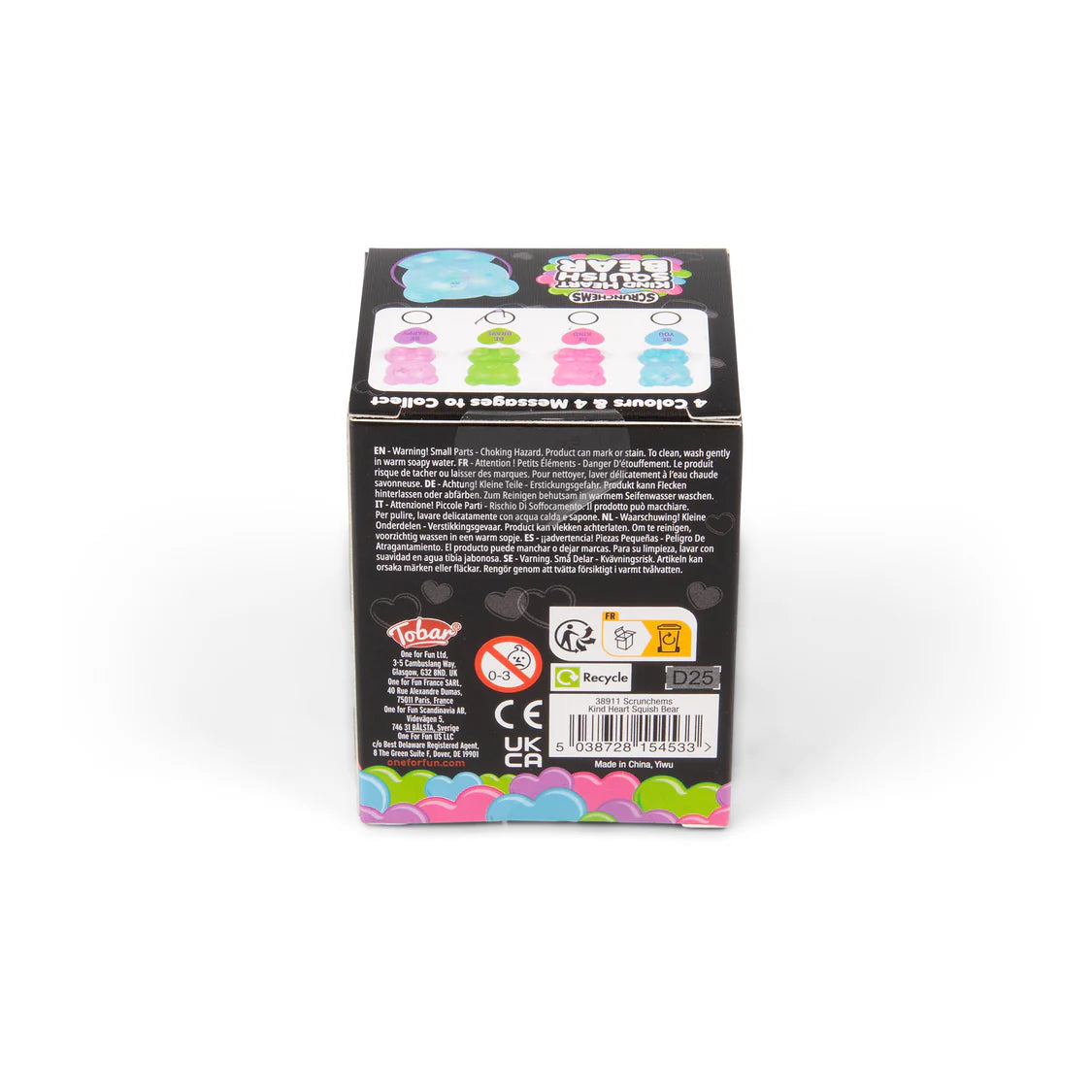 The back of a square black toy packaging box for Scrunchems Kind Heart Squish Bear featuring product details, barcodes, and colourful  graphics on a white background.
