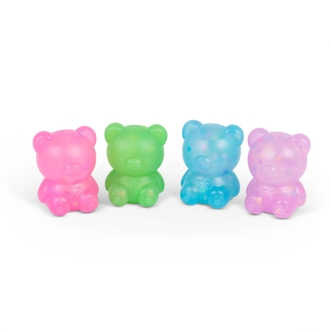 Four colorful Scrunchems Kind Heart Squish Bear on a white background