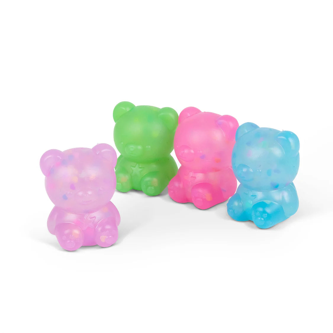Four colorful Scrunchems Kind Heart Squish Bears on a white background