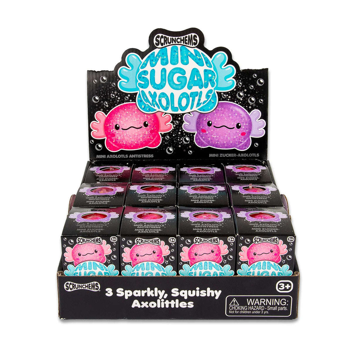Scrunchems Mini Sugar Axolotl 3-pack display box containing twelve individual blind boxes of sparkly, squishy axolittles on a white background.
