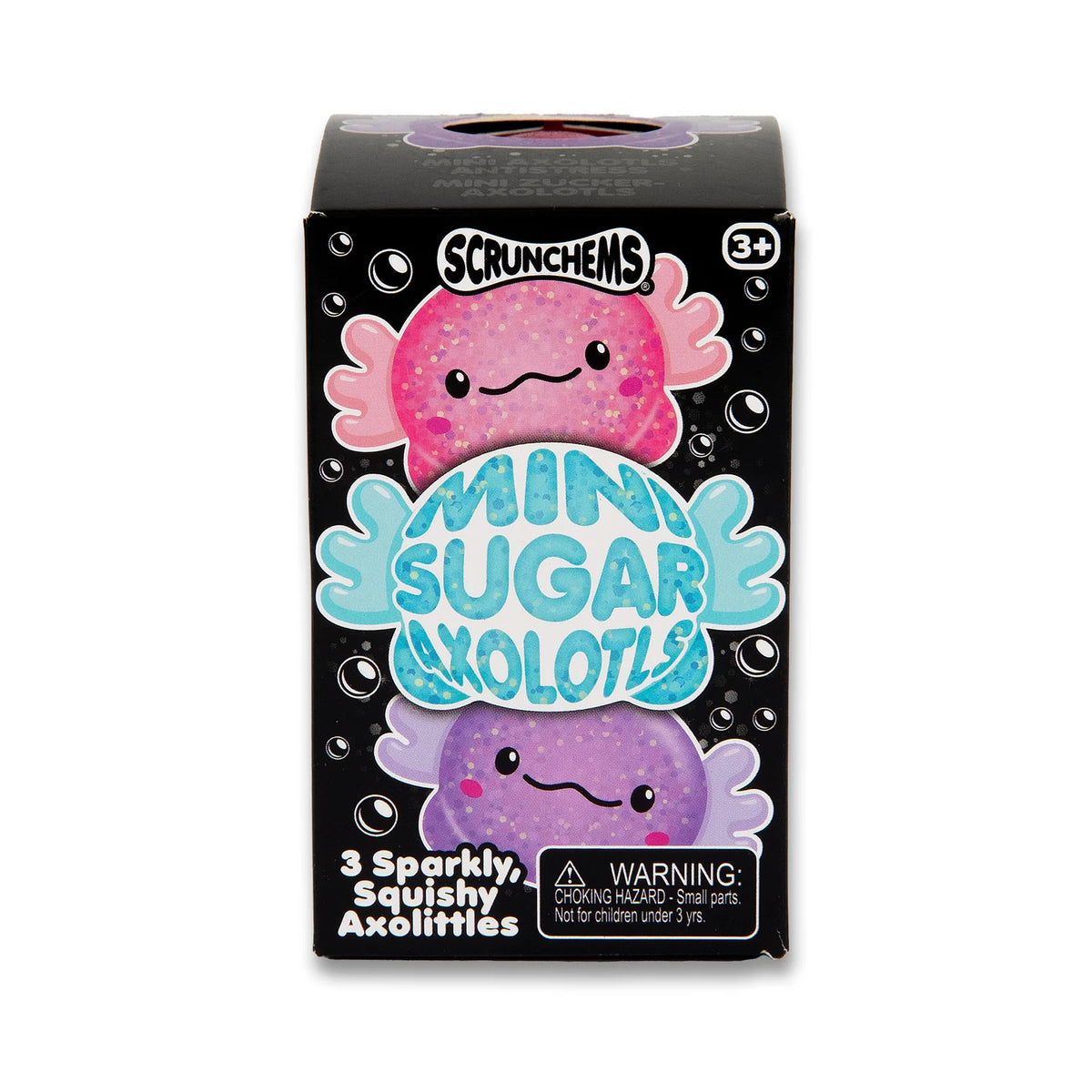 Scrunchems Mini Sugar Axolotl blind box, featuring a black background with cute pink and purple axolotl illustrations, and text indicating '3 Sparkly, Squishy Axolittles'.