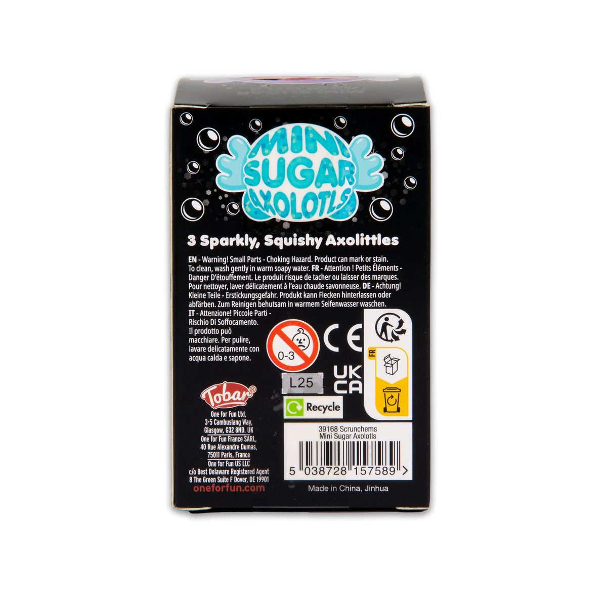 The back of a black retail box for 'Mini Sugar Axolotl' toy capsules, showing product details, warnings, and a barcode.