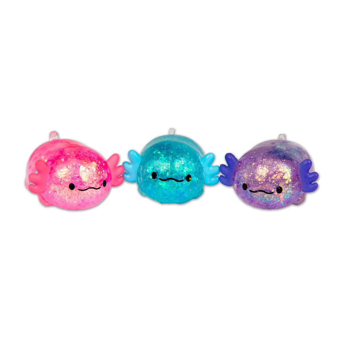 Three colorful mini sugar axolotl  with glowing interiors on a white background