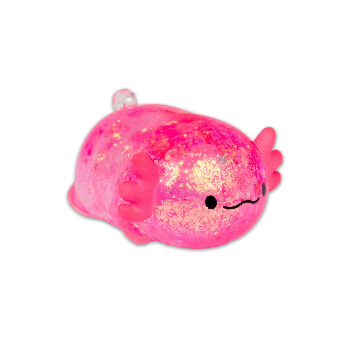 Pink mini sugar axolotl with a smiling face on a white background