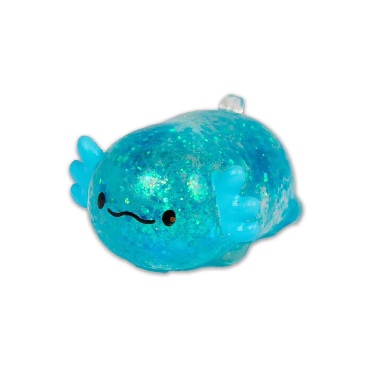 Blue glittery mini sugar axolotl toy on a white background