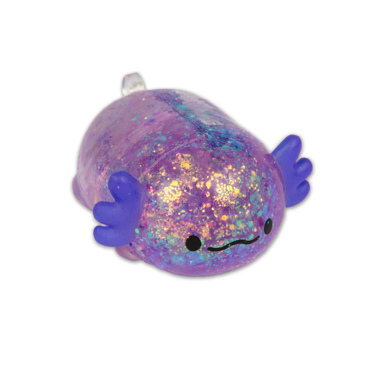 Glittery purple axolotl toy on a white background