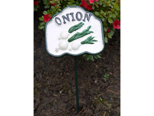 traditional metal garden onion sign white background with hand painted onions and the word onion in black