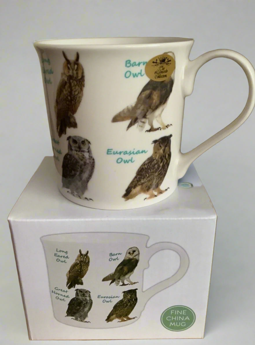 Owl mug on it's box packaging