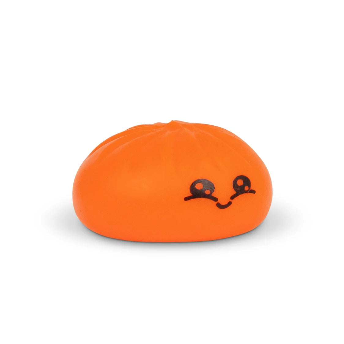 Orange dumpling-shaped object with a face on a white background