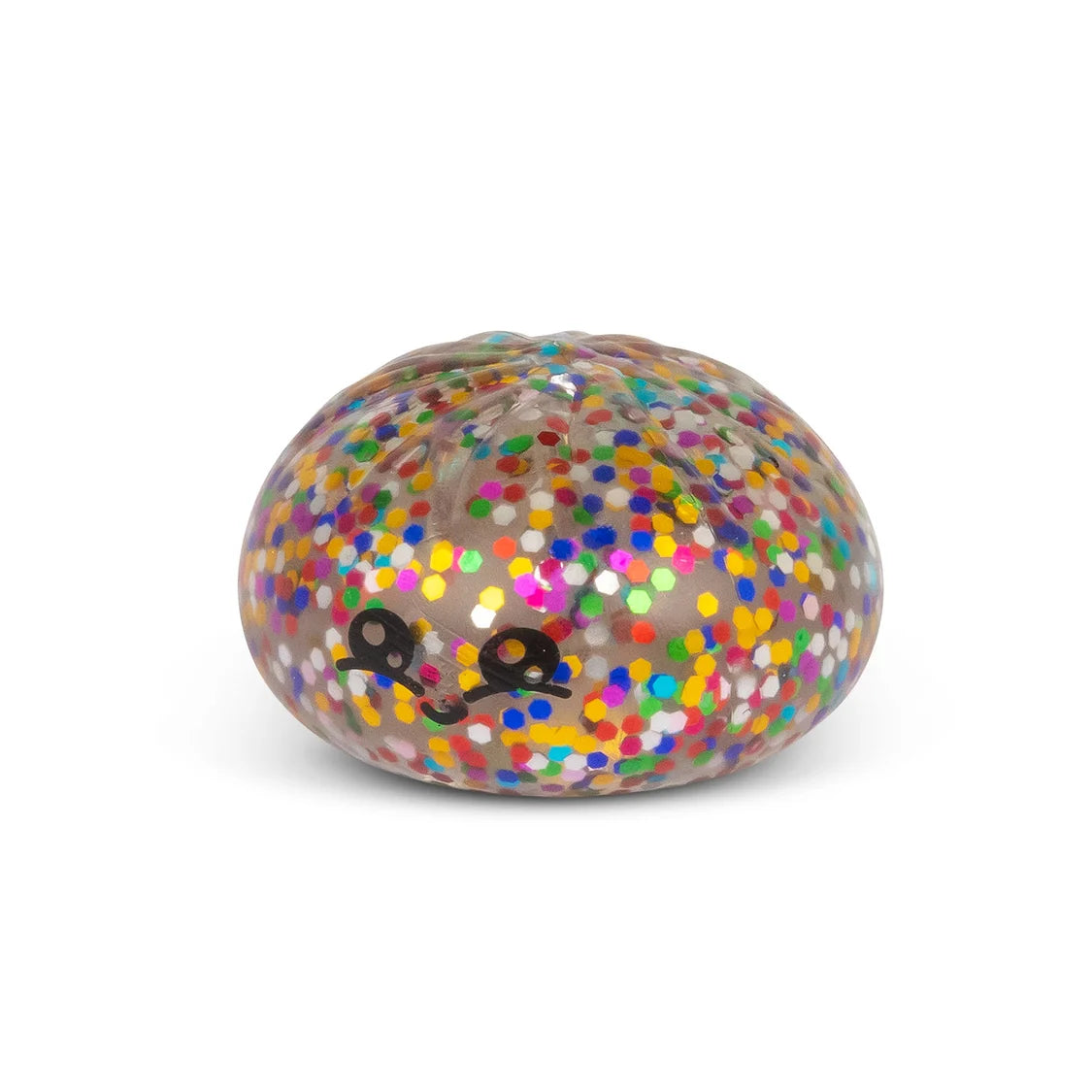Multicoloured glittery sugar dumpling  with a black smiley face on a white background
