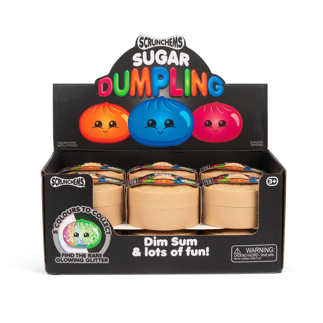 Display box of Scrunchems Sugar Dumpling toys with colorful dumplings and a black lid.