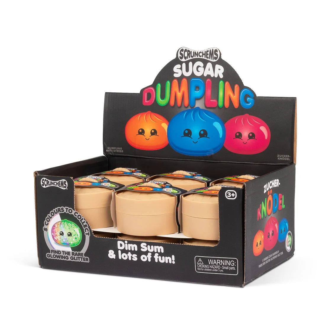 Display box of Scrunchems Sugar Dumpling toys with colorful packaging.