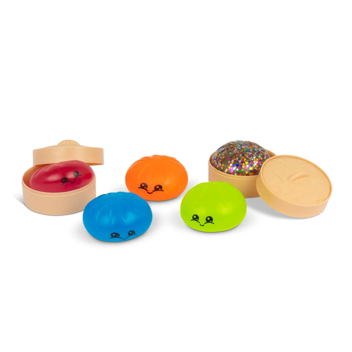 Colourful stress dumplings with smiling faces and a plastic container on a white background