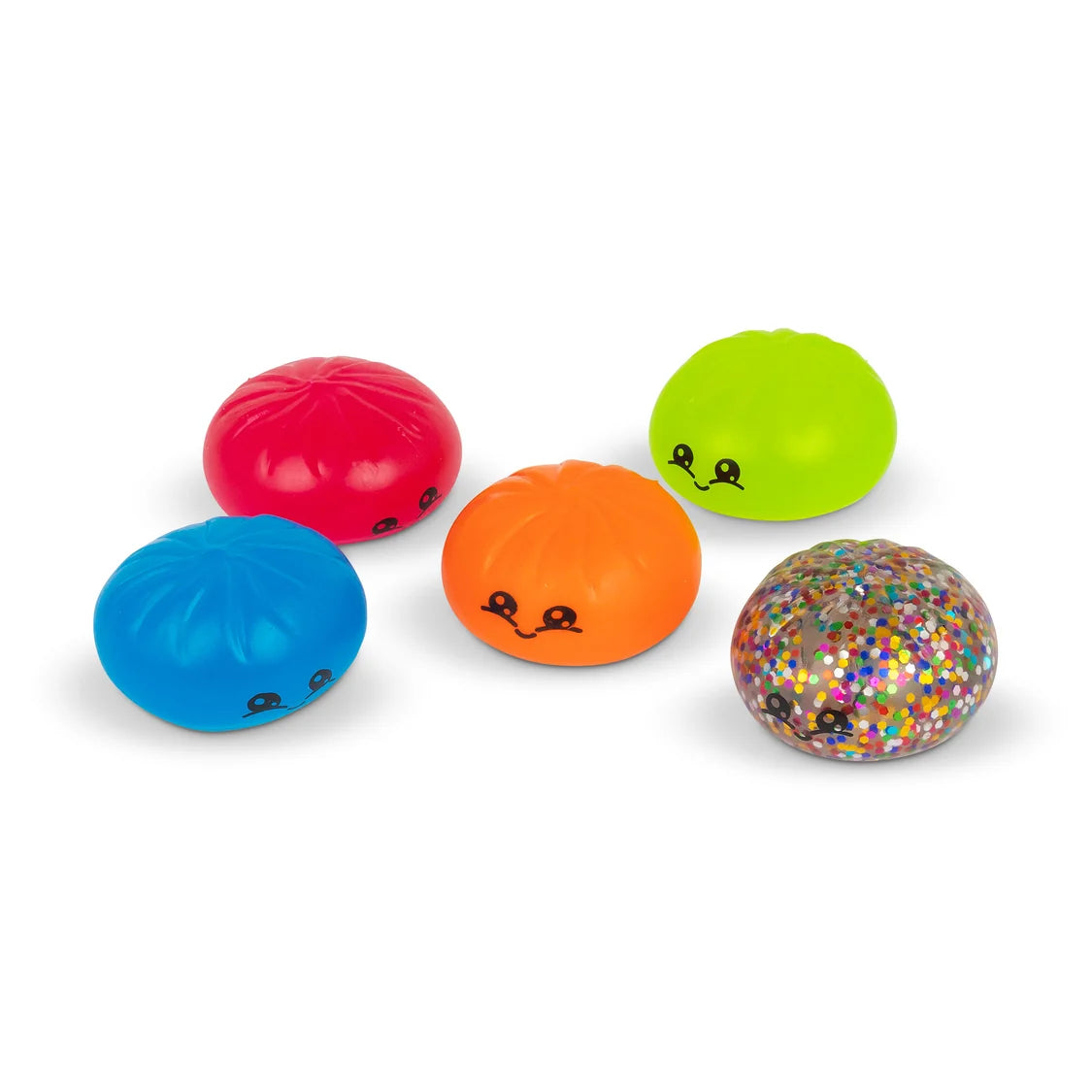 Five colourful stress dumplings with different designs on a white background