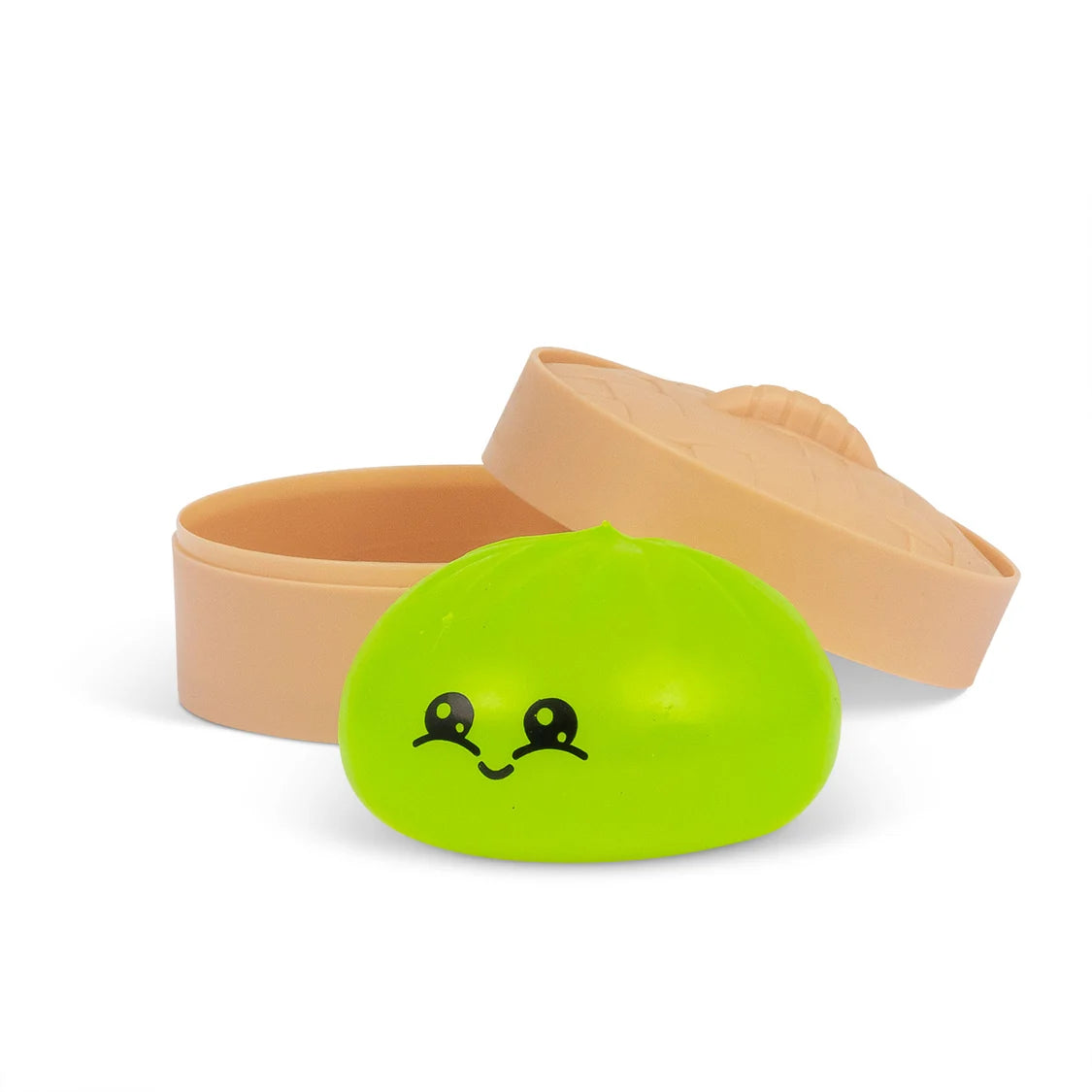 Green container with a sugar dumpling with a face design and beige lid on a white background