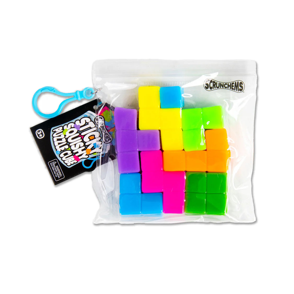 Colorful plastic blocks in a clear bag with 'Scrunchems' branding on a white background.