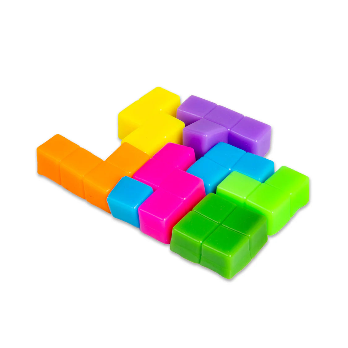 Colorful interlocking squishy puzzle cube on a white background