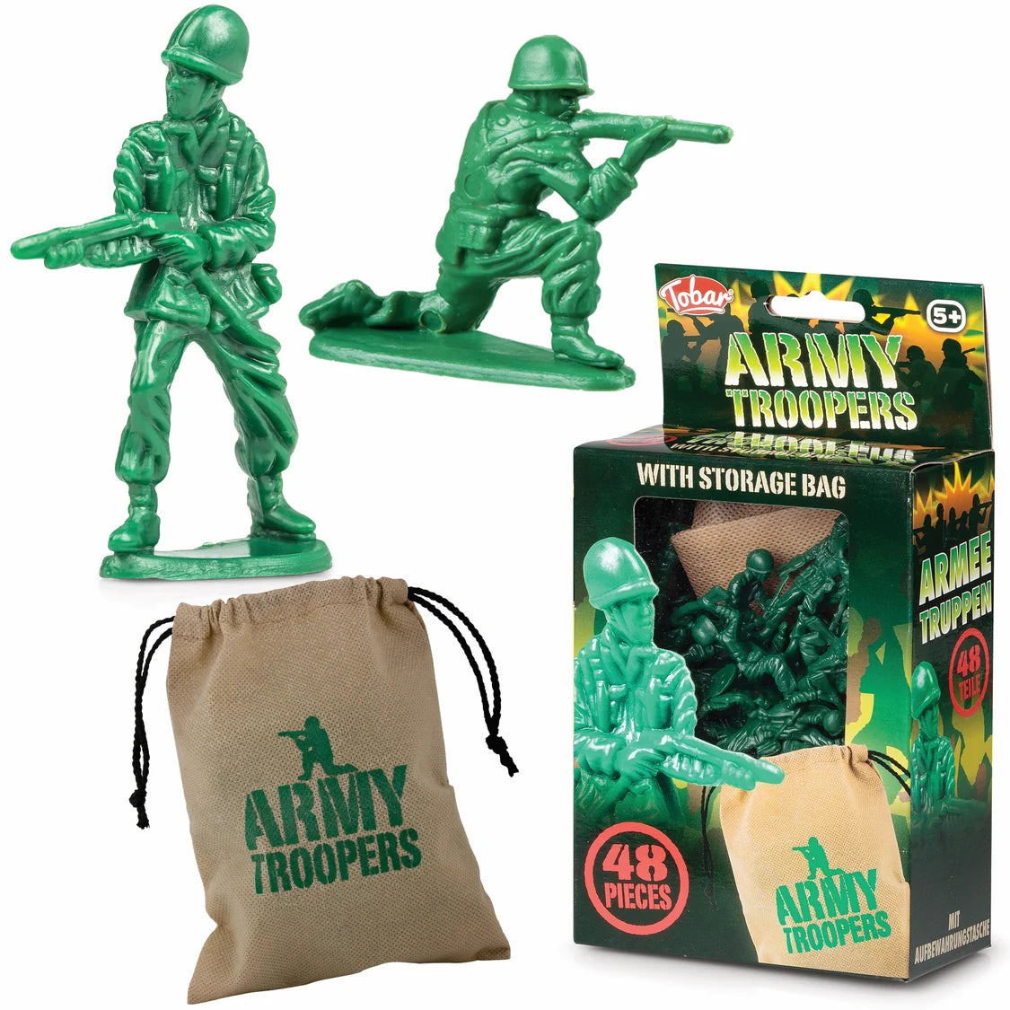 Green toy soldier set with two plastic army figures, a brown drawstring bag, and the retail box labeled Army Troopers.