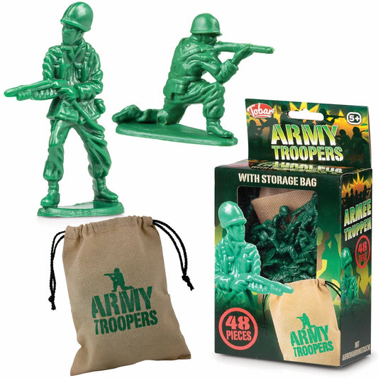 Green toy soldier set with two plastic army figures, a brown drawstring bag, and the retail box labeled Army Troopers.