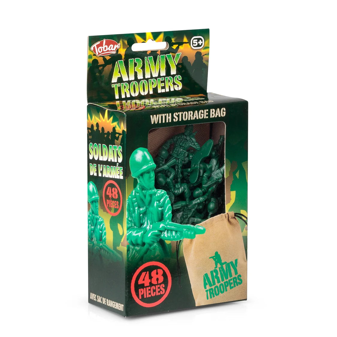 Tobar Army Troopers 48-piece toy set in its original retail packaging, featuring  green plastic toy soldiers and a brown storage bag.