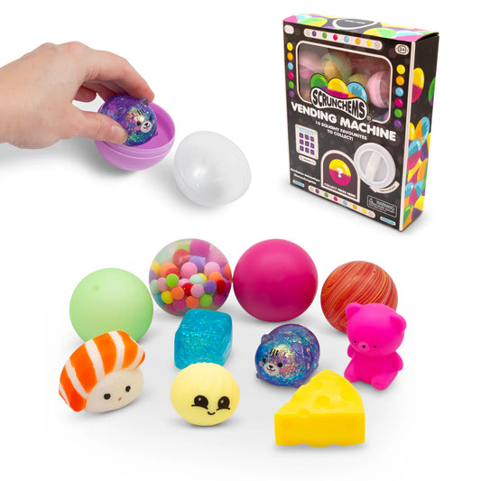 Colorful Scrunchies toys with a hand reaching for one, displayed in front of their packaging.