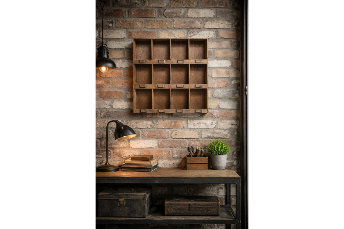 Wooden shelf against a stone wall in a rustic setting.