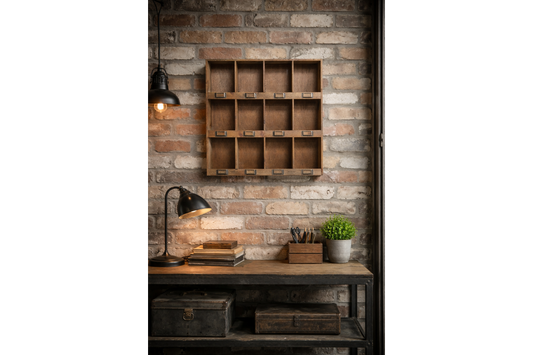 Wooden shelf against a stone wall in a rustic setting.