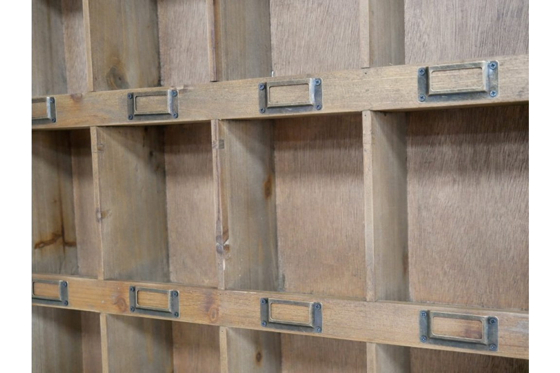 Wooden storage shelves with metal brackets